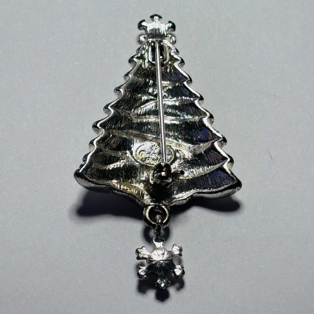 VINTAGE Christopher Radko Silver Tone Christmas Tree Brooch Dangle Snowflake - Picture 4 of 8